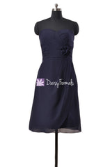 Dark navy chiffon bridesmaid dress online navy blue knee length dress prom dresses (bm270)