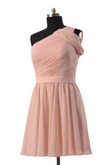 Quality pink chiffon bridal party dress online short one shoulder bridesmaid dresses(bm280)