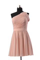 Quality pink chiffon bridal party dress online short one shoulder bridesmaid dress(bm280)