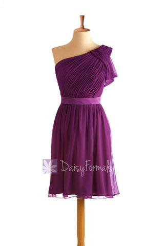 One Shoulder Short Chiffon Bridesmaid Dress Purple Formal Dress(BM280)
