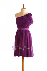 One shoulder short chiffon online bridesmaid dress purple formal dress(bm280)