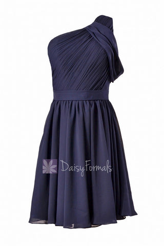 Chic Navy Chiffon One Shoulder Cocktail Dress Short Bridal Party Dress W/ Sash(BM280)