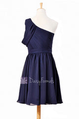 Chic navy chiffon one shoulder cocktail dress short bridal party dresses w/ sash(bm280)