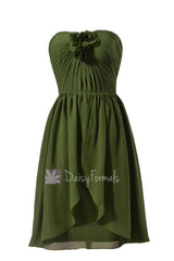 Unique short hunter green chiffon cheap bridesmaid dresses w/handmade flowers(bm2811)