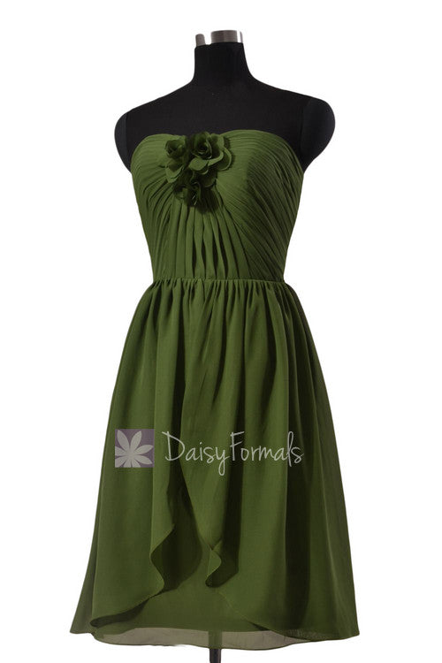 Unique short hunter green chiffon cheap bridesmaid dress w/handmade flowers(bm2811)