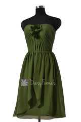 Unique short hunter green chiffon cheap bridesmaid dress w/handmade flowers(bm2811)