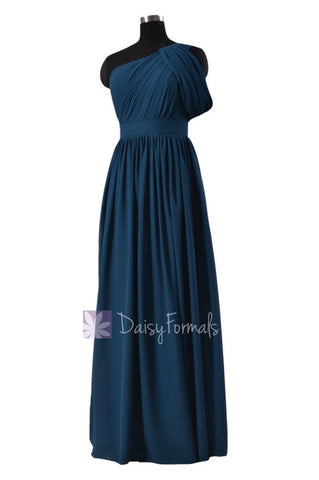 Quality Long Peacock Blue Bridesmaid Dress One Shoulder Chiffon Formal Dress(BM281L)