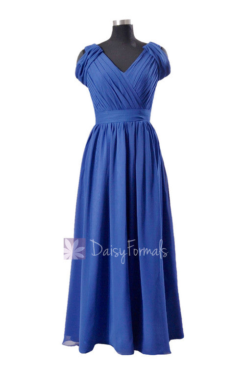Sapphire floor length v-neck chiffon bridesmaid dress online evening dress(bm283)