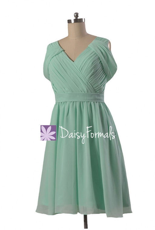 Pleated mint green chiffon bridesmaid dress online short v-neck formal evening dress(bm283s)