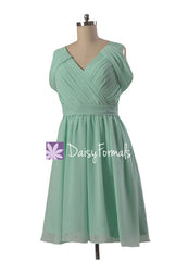 Pleated mint green chiffon bridesmaid dress online short v-neck formal evening dress(bm283s)