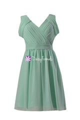 Pleated mint green chiffon bridesmaid dress online short v-neck formal evening dresses(bm283s)