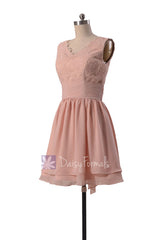 Amazing short lace bridesmaid dress linen v-neck discount formal dresses w/flowing layers(bm29035)