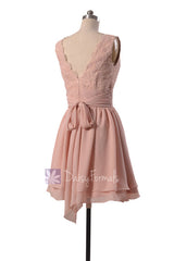 Amazing Short Lace Bridesmaid Dress Linen V-Neck Formal Dress W/Flowing Layers(BM29035)