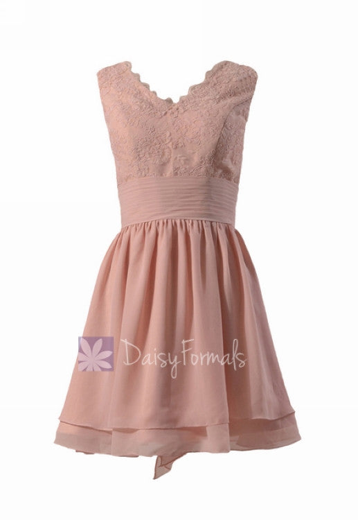 Amazing short lace bridesmaid dress linen v-neck discount formal dress w/flowing layers(bm29035)
