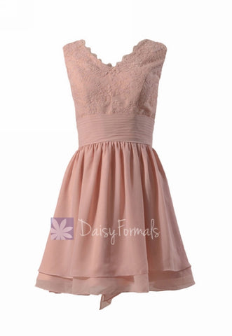 Amazing Short Lace Bridesmaid Dress Linen V-Neck Formal Dress W/Flowing Layers(BM29035)