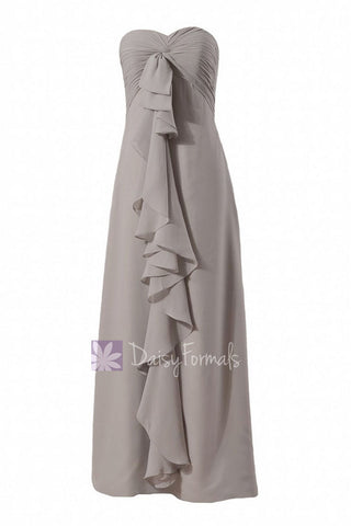 Light Warm Gray Long Chiffon Sweetheart Bridesmaid Dress W/Cascade Ruffles(BM292)