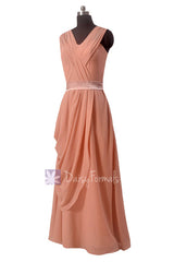 Peach vintage floor length chiffon formal evening dress  unique v-neck bridesmaid dresses side swag(bm299)