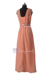 Peach Vintage Floor Length Chiffon Evening Dress  V-neck Bridesmaid Dress Side Swag(BM299)