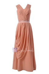 Peach vintage floor length chiffon formal evening dress  unique v-neck bridesmaid dress side swag(bm299)