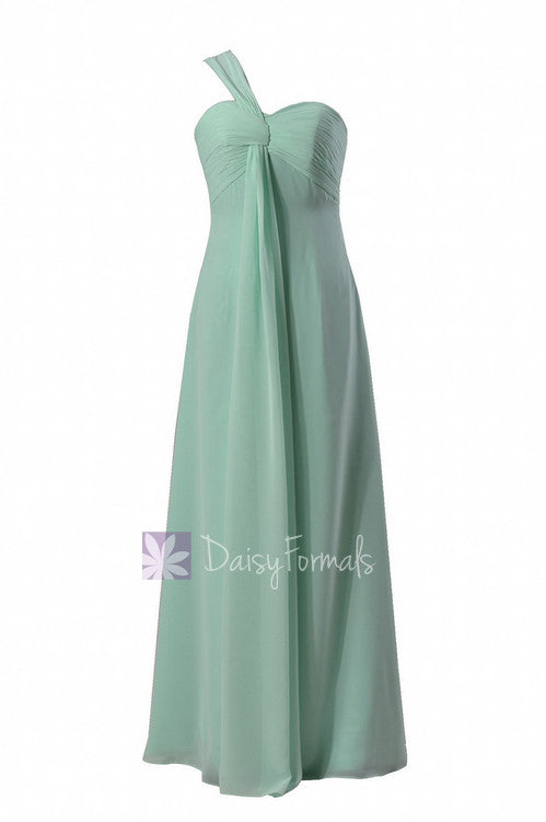 One shoulder chiffon bridesmaid dress long mint green bridal party dress (bm316)