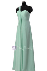One shoulder chiffon bridesmaid dress long mint green bridal party dresses (bm316)