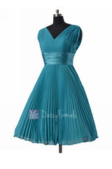 Vintage short chiffon wedding party dress v-neck teal formal dresses(bm3171)