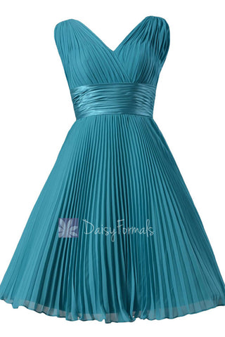 Vintage Short Chiffon Wedding Party Dress V-Neck Teal Formal Dress(BM3171)