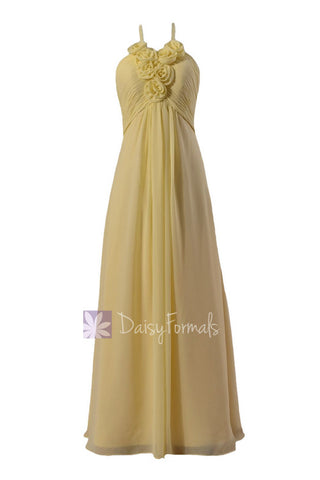 Light Yellow Long Halter Chiffon Evening Dress Bridesmaid Dress w/ Flowers(BM325L)