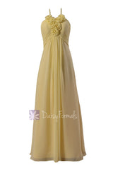 Light yellow long halter chiffon evening dress online bridesmaid dress w/ flowers(bm325l)