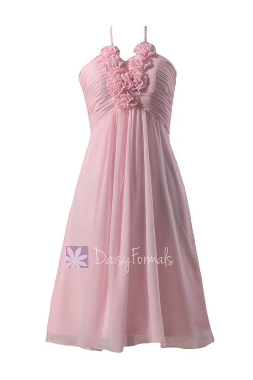 Pretty ice pink short chiffon cocktail dress inexpensive halter bridesmaid dress w/ flowers(bm325s)