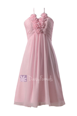 Pretty Ice Pink Short Chiffon Cocktail Dress Halter Bridesmaid Dress w/ Flowers(BM325S)