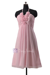 Pretty ice pink short chiffon cocktail dress inexpensive halter bridesmaid dresses w/ flowers(bm325s)
