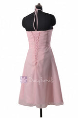 Pretty Ice Pink Short Chiffon Cocktail Dress Halter Bridesmaid Dress w/ Flowers(BM325S)