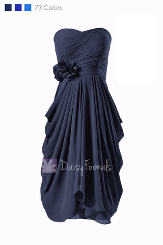 Sweetheart Short Chiffon Bridesmaid Dress Navy Blue Bridal Party Dress Formal Dress(BM332)