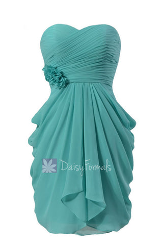 Delicate Chiffon Cocktail Dress Tiffany Blue Sweetheart Bridesmaid Dress w/ Flowers(BM332N)