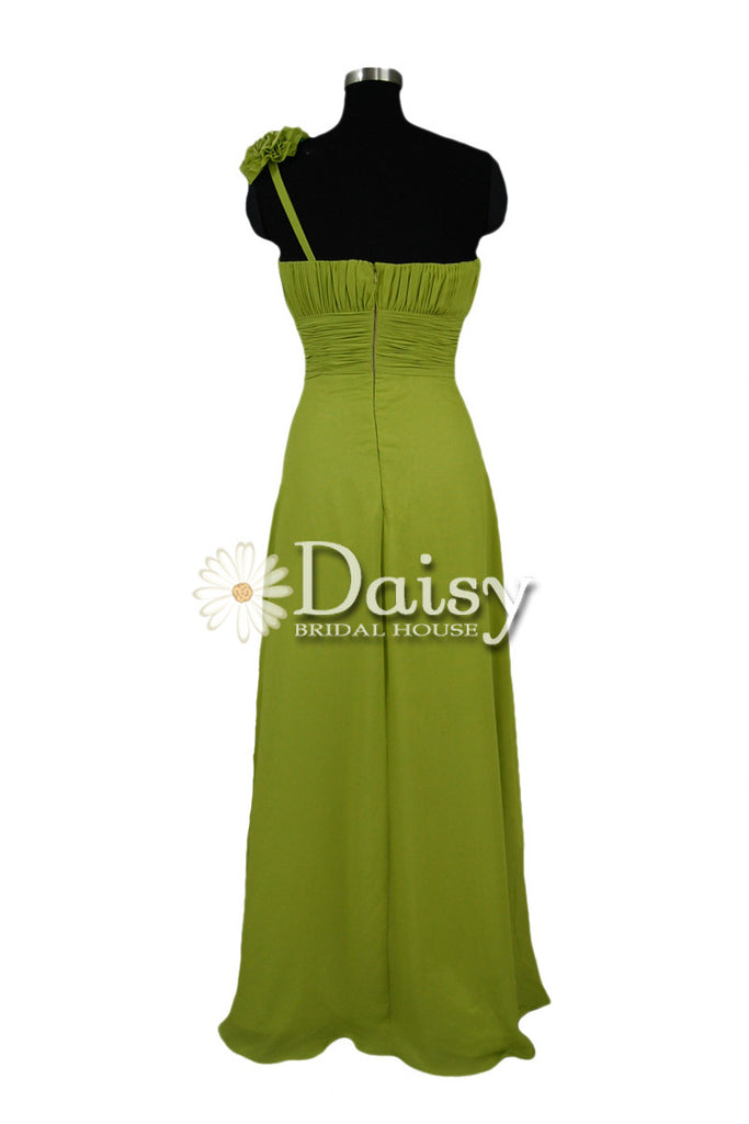 Long Bright Olive Elegant Chiffon Dress One Shoulder Evening Dress W/Fabric Flowers(BM346) DaisyFormals-Bridesmaid and Formal Dresses in 59+ Colors Long Bright Olive Elegant Chiffon Dress One Shoulder Evening Dress W/Fabric Flowers(BM346) DaisyFormals-Bridesmaid and Formal Dresses in 59+ Colors