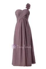 Long one shoulder elegant chiffon bridesmaid dress rose quartz formal dress(bm346)