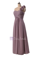 Long one shoulder elegant chiffon bridesmaid dress rose quartz formal dresses(bm346)