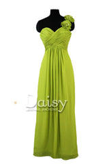 Long bright olive elegant chiffon dress one shoulder evening dresses w/fabric flowers(bm346)