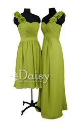 Long bright olive elegant chiffon dress one shoulder evening dress w/fabric flowers(bm346)