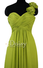 Long Bright Olive Chiffon Dress One Shoulder Evening Dress W/Fabric Flowers(BM346)
