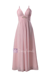 Ice pink long v-neck chiffon bridesmaid dress beaded prom dress(bm350)