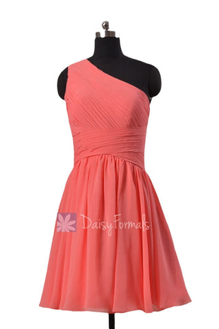 Hot Knee Length Chiffon Formal Dress Light Coral One Shoulder Bridesmaid Dress(BM351)