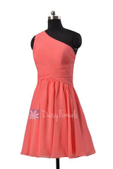 Hot knee length cheap chiffon formal dress light coral one shoulder affordable bridesmaid dresses(bm351)