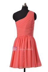 Hot Knee Length Chiffon Formal Dress Light Coral One Shoulder Bridesmaid Dress(BM351)