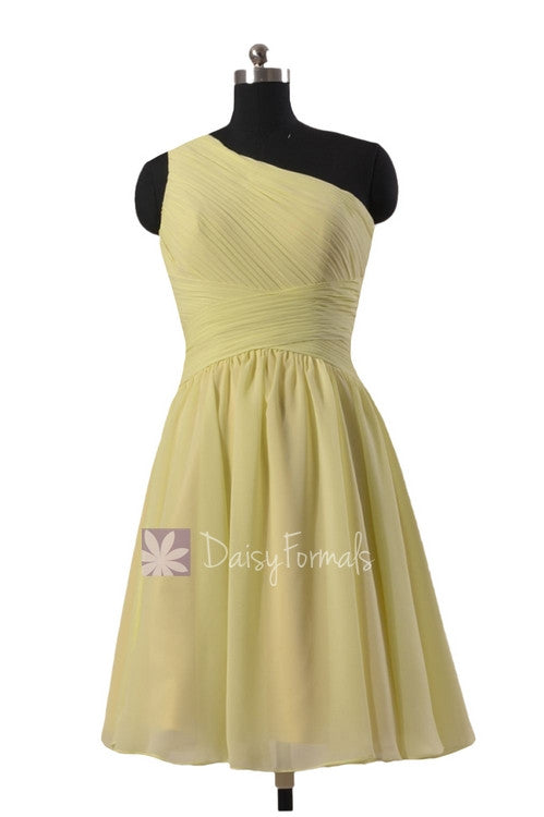  Fashion light yellow chiffon formal dress short one shoulder best bridesmaid dress(bm351)