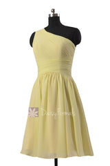  Fashion light yellow chiffon formal dress short one shoulder best bridesmaid dresses(bm351)