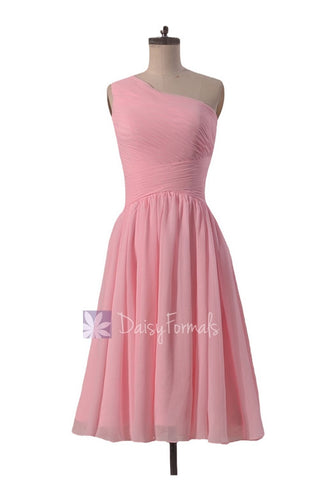 Lovely Short One Shoulder Chiffon Bridesmaid Dress Pleated Pink Formal Dress(BM351)