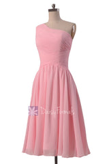 Lovely short one shoulder chiffon bridesmaid dress pleated pink discount formal dresses(bm351)