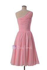 Lovely Short One Shoulder Chiffon Bridesmaid Dress Pleated Pink Formal Dress(BM351)